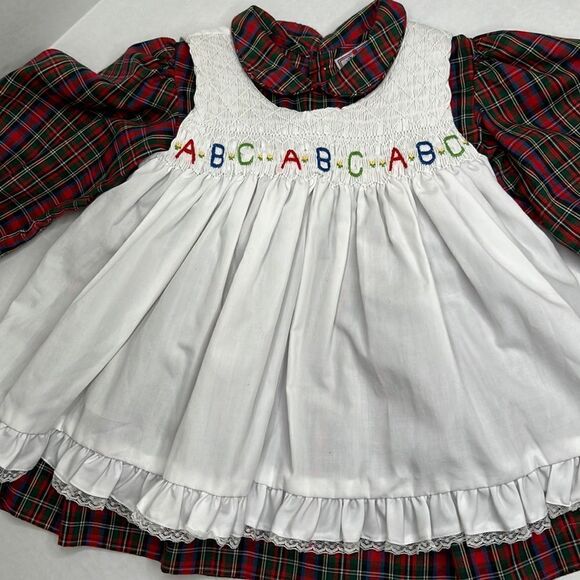 Petit Ami red Plaid dress white smocked embroidered pinafore Vintage size 2T EUC - Picture 1 of 14